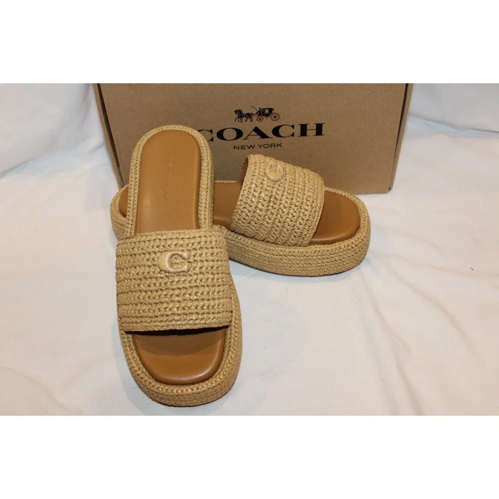 COACH Women's Sculpted C Raffia Platform Slides Sandals Natural NEW SZ 8